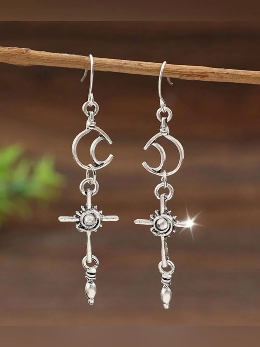 Silver Crescent & Sun Dangle Earrings A2119